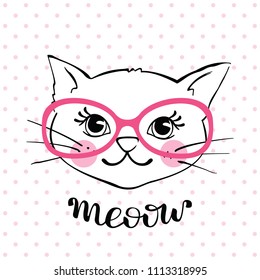 Hand drawn fashion cute cat with glasses isolated on white background. Funny cartoon kitten character. Design element for T-shirts print, textile, fabric. Vector illustration.