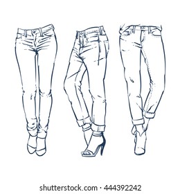 Hand Drawn Fashion Design Men's Jeans Outline. Drawing Blue Jeans Vector Illustration.