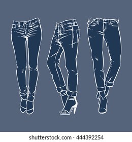 Hand drawn fashion design men's jeans. Drawing blue jeans vector illustration.