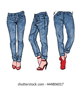 Hand drawn fashion design men's jeans outline. Drawing blue jeans vector illustration. Denim set.