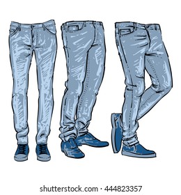 Hand drawn fashion design men's jeans. Drawing style. blue jeans vector illustration set.