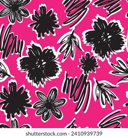 Hand Drawn Fashion Designer Illustration. Big Bold Flowers Seamless Pattern.Grunge Pop Art Botanical Background in vector