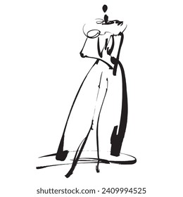 Hand Drawn Fashion Designer Illustration.Fashion Model Illustration, Stylish Sketch.Hand drawn outfit look.Fashion Designer Style. Placement Print. Woman fashion look. Minimal Print. Poster Print