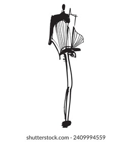 Hand Drawn Fashion Designer Illustration.Fashion Model Illustration, Stylish Sketch.Hand drawn outfit look.Fashion Designer Style. Placement Print. Woman fashion look. Minimal Print. Poster Print