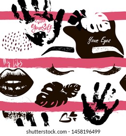 Hand drawn fashion eyes, lip, heart on the background of stripes seamless pattern. Vector fashion beauty illustration of close eyes for card, clothes, background. Pop art sticker, patch, pin