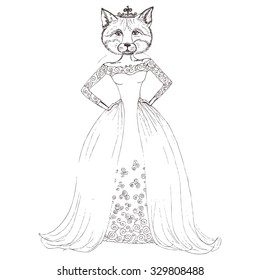 Hand drawn fashion fox with a crown. Anthropomorphic animal. Can be used to design for invitation, card, poster. Vector illustration. 