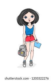 Hand drawn fashion girl. Beautiful cute cartoon teenager. Summer casual style. Isolated schoolgirl on the white background. Vector illustration.