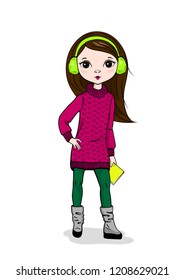 Hand drawn fashion girl. Beautiful cute cartoon teen. Autumn casual style. Isolated schoolgirl on the white background. Vector illustration.