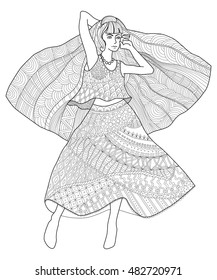 hand drawn fashion girl, drawing anti-stress, Page coloring for adults