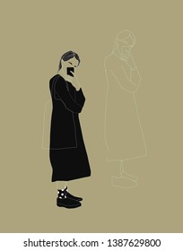 Hand drawn fashion girl in hipster trendy dress makes selfie 