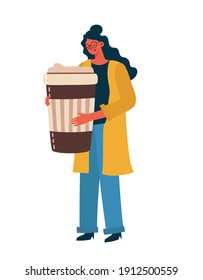 Hand drawn fashion girl holds a cup of coffee, vector illustration in the flat style