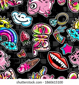 hand drawn fashion girls pattern. Colourful modern teenagers background with graffiti elements, stickers. girlish  print for textile, clothes, wrapping paper.