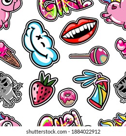 hand drawn fashion girls pattern. Colourful modern teenagers background with graffiti elements, stickers. girlish  print for textile, clothes, wrapping paper.