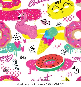 hand drawn fashion girls pattern. Colourful modern teenagers background with flamingo, rubber ring, ice cream and graffiti elements, stickers. girlish  print for textile, clothes, wrapping paper.