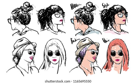 Hand drawn fashion girls, Vector Illustration, Sketch outline