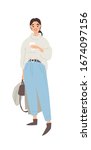 Hand drawn Fashion  illustration Asian Woman Outfit. Cartoon style vector drawing character. Flat art girl influencer in casual look