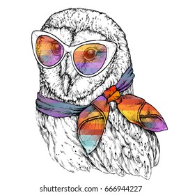 Hand Drawn Fashion Illustration of Barn Owl with sunglasses. Vector illustration