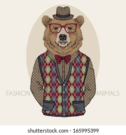 Hand Drawn Fashion Illustration of Bear in colors