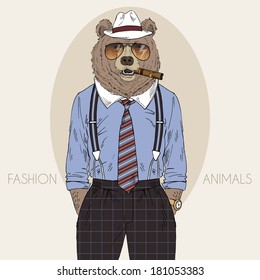 Hand drawn fashion illustration of bear in fedora hat with cigar