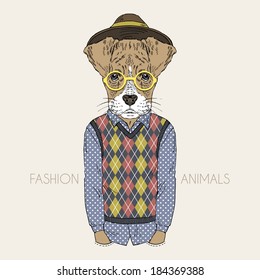 Hand drawn fashion illustration of boxer dog dressed up in hipster style