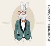 Hand drawn fashion illustration of bunny hipster dressed up in trendy plaid coat