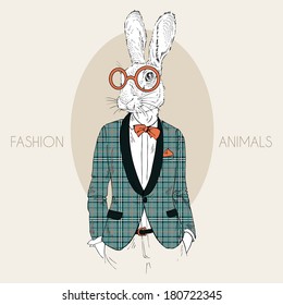 Hand drawn fashion illustration of bunny hipster dressed up in trendy plaid coat