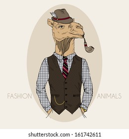 Hand Drawn Fashion Illustration of Camel with Tabacco Tube in colors