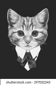 Hand drawn fashion Illustration of Cat with sunglasses. Vector isolated elements.