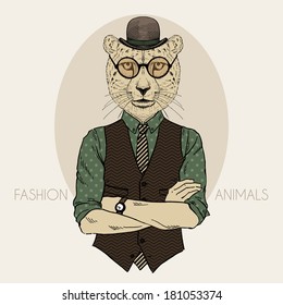 Hand drawn fashion illustration of cheetah hipster in bowler hat