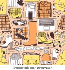 Hand drawn fashion illustration. Creative ink art work. Actual vector drawing fall look. Seamless pattern with autumn objects
