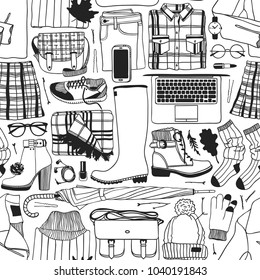 Hand drawn fashion illustration. Creative ink art work. Actual vector drawing fall look. Black and white seamless pattern with autumn objects