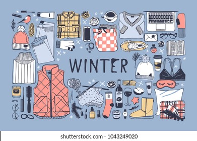 Hand drawn fashion illustration. Creative ink art work. Actual cozy vector drawing. Winter set: wear, shoes, accessories, food, drinks, things