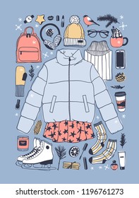 Hand drawn fashion illustration. Creative ink art work. Actual cozy vector drawing Ice Skating. Big Winter sport set with figure skater wear and racing skates, accessoires, fur headphones and other 