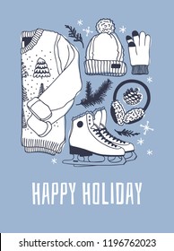 Hand drawn fashion illustration. Creative ink art work. Actual cozy vector drawing Ice Skating. Big Winter sport set with Christmas pullover and racing skates, fur headphones, hat, glove