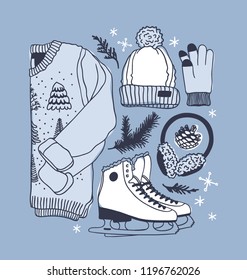 Hand drawn fashion illustration. Creative ink art work. Actual cozy vector drawing Ice Skating. Big Winter sport set with Christmas pullover and racing skates, fur headphones, hat, glove