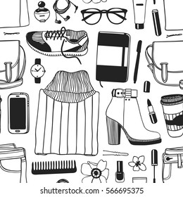 Hand drawn fashion illustration. Creative ink art work. Actual vector drawing spring look. Seamless pattern with casual objects