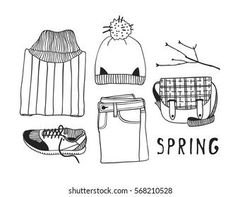 Hand drawn fashion illustration. Creative ink art work. Actual vector drawing spring look. Street wear set: sweater, boots, jeans, sneakers, backpack, jacket, bag, umbrella, socks, skirt and other