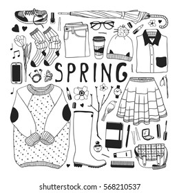 Hand drawn fashion illustration. Creative ink art work. Actual vector drawing spring look. Street wear set: sweater, boots, jeans, sneakers, bag, umbrella, socks, skirt and other