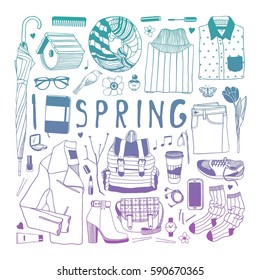 Hand drawn fashion illustration. Creative ink art work. Actual vector drawing spring look. Street wear set: sweater, boots, jeans, sneakers, backpack, jacket, bag, umbrella, socks, skirt and other