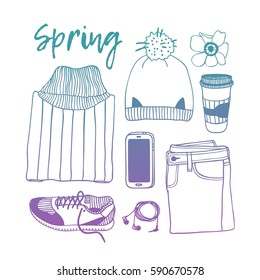 Hand drawn fashion illustration. Creative ink art work. Actual vector drawing spring look. Street wear set: sweater, jeans, sneakers, hat, phone, headphones, coffee, flower