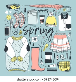 Hand drawn fashion illustration. Creative ink art work. Actual vector drawing spring look. Street wear set: sweater, boots, jeans, sneakers, bag, umbrella, socks, skirt and other