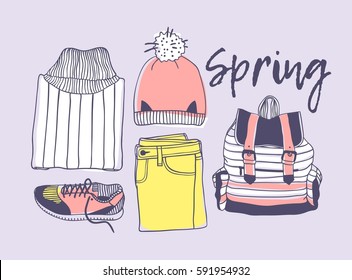 Hand drawn fashion illustration. Creative ink art work. Actual vector drawing spring look. Street wear set: sweater, jeans, sneakers, hat, backpack