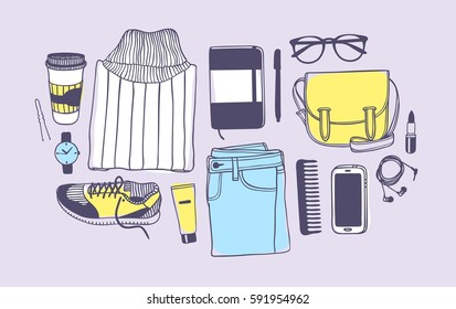 Hand drawn fashion illustration. Creative ink art work. Actual vector drawing spring look and lifestyle objects: sweater, jeans, sneakers, hat, phone, headphones, coffee, notebook, glasses and other