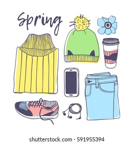 Hand drawn fashion illustration. Creative ink art work. Actual vector drawing spring look. Street wear set: sweater, jeans, sneakers, hat, phone, headphones, coffee, flower