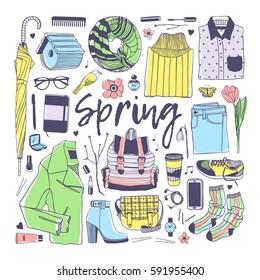 Hand drawn fashion illustration. Creative ink art work. Actual vector drawing spring look. Street wear set: sweater, boots, jeans, sneakers, backpack, jacket, bag, umbrella, socks, skirt and other
