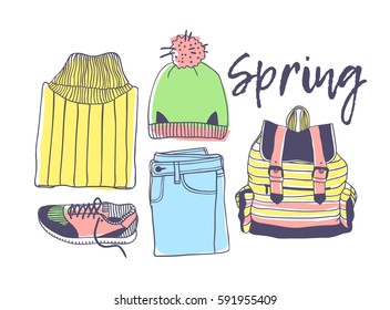 Hand drawn fashion illustration. Creative ink art work. Actual vector drawing spring look. Street wear set: sweater, jeans, sneakers, hat, backpack