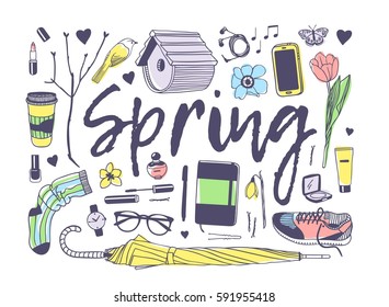 Hand drawn fashion illustration. Creative ink art work. Actual vector spring drawing. Set: coffee, notebook, pen, glasses, phone, cosmetics, flower, umbrella, sock and other