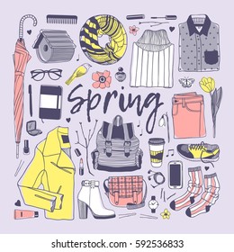 Hand drawn fashion illustration. Creative ink art work. Actual vector drawing spring look. Street wear set: sweater, boots, jeans, sneakers, backpack, jacket, bag, umbrella, socks, skirt and other