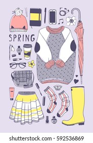 Hand drawn fashion illustration. Creative ink art work. Actual vector drawing spring look. Street wear set: sweater, boots, jeans, sneakers, backpack, jacket, bag, umbrella, socks, skirt and other