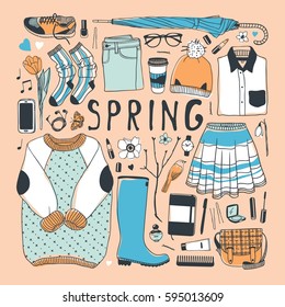 Hand drawn fashion illustration. Creative ink art work. Actual vector drawing spring look. Street wear set: sweater, boots, jeans, sneakers, bag, umbrella, socks, skirt and other
